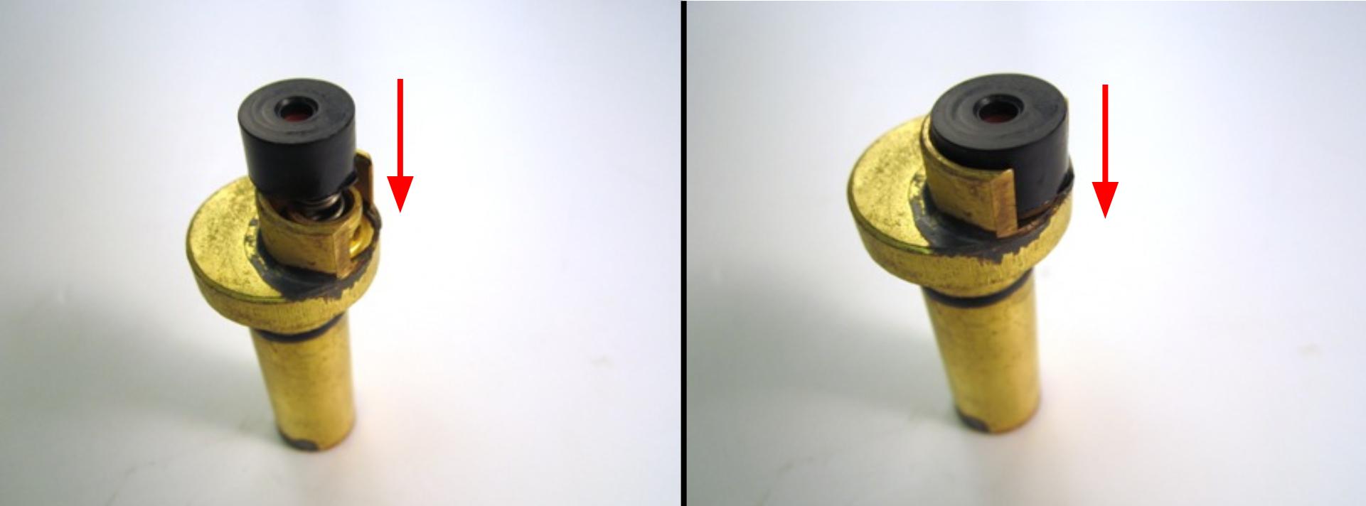  Install the rubber seal and plastic seat on top of the spring.