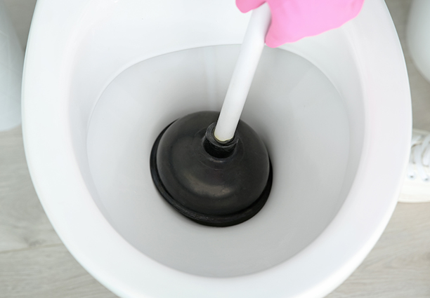 Plunge as much water down and out of the toilet bowl as possible