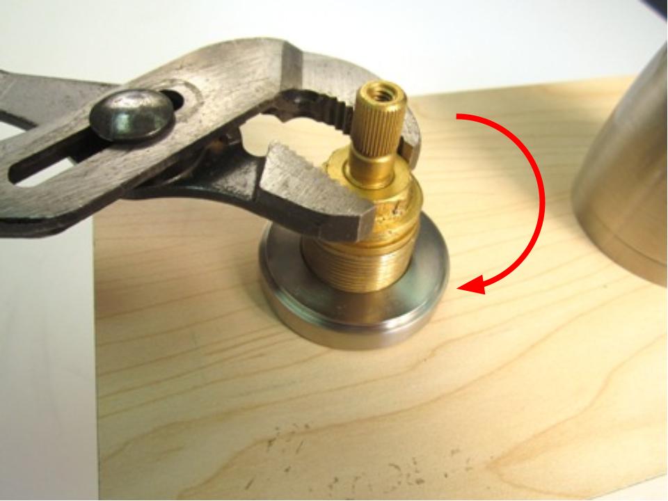 If your faucet uses a locking nut, re-install the locking nut with a pair of adjustable pliers. In order to avoid over tightening the locking nut, hand tighten the locking nut, and then use the adjustable pliers to apply a quarter turn. Approximately 10-14 lbs of torque are required to properly install the locking nut.